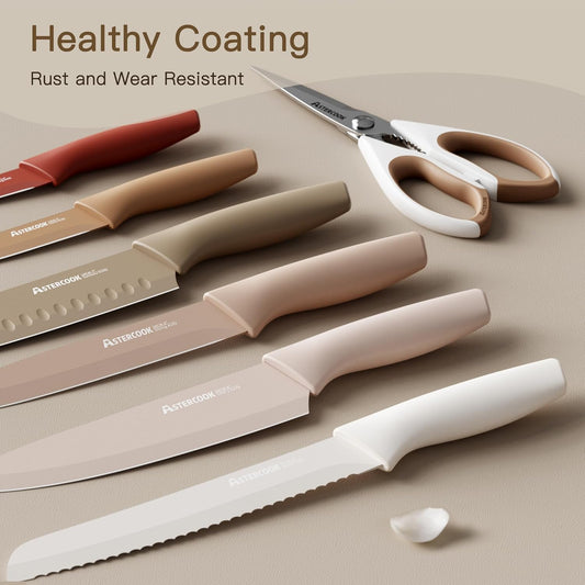Astercook Knife Set, 13 Pieces Kitchen Knives Set with Healthy Anti-Rust Coating, Dishwasher Safe, Stainless Steel Chef Knife Sets with 6 Blade Guards, Perfect Valentine's Day Gifts for Kitchen