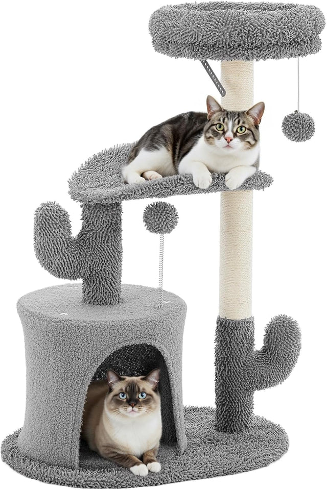 grey 33 inch multi-level cat tree tower with scratching posts and perches for indoor cats