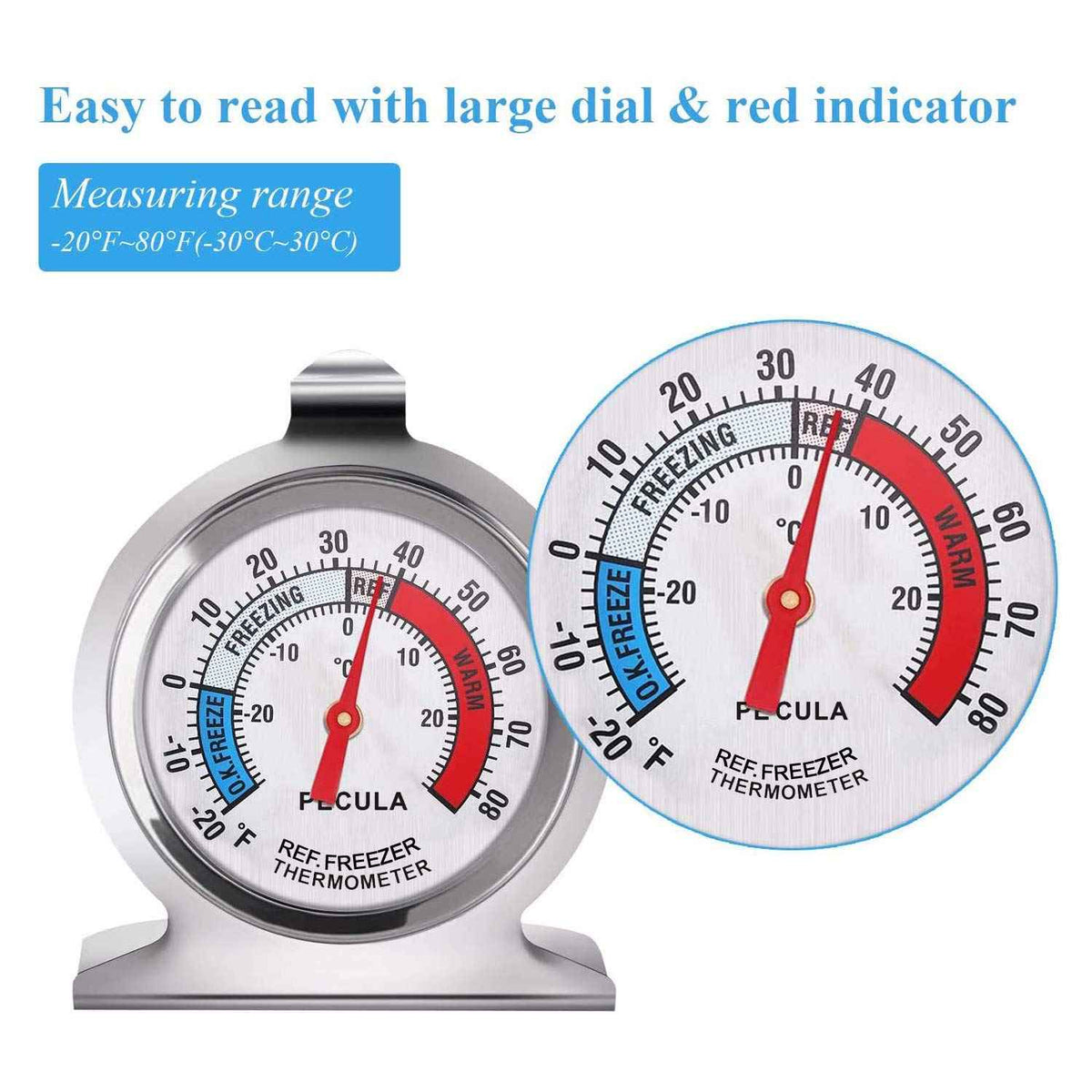 2 Pack Refrigerator Thermometer, 30-30°C/20-80°F, Classic Fridge Thermometer Large Dial with Red Indicator Thermometer for Freezer Refrigerator Cooler