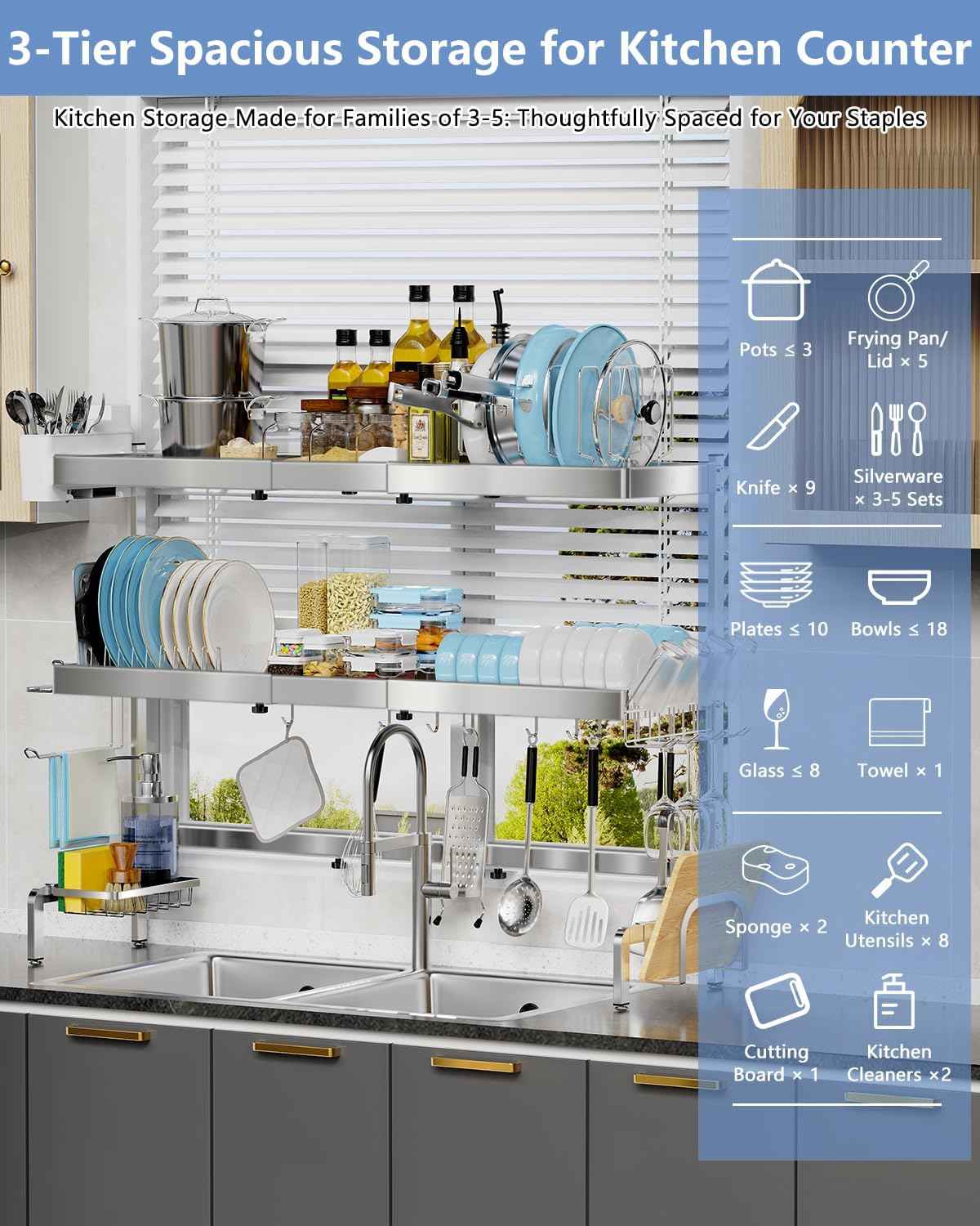 3 Tier Extra Large Over The Sink Dish Drying Rack, Expandable Stainless Steel Dish Drainer with Multifunctional Organizer, Space-Saving Above Sink Dish Rack with Large Capacity for Kitchen Counter