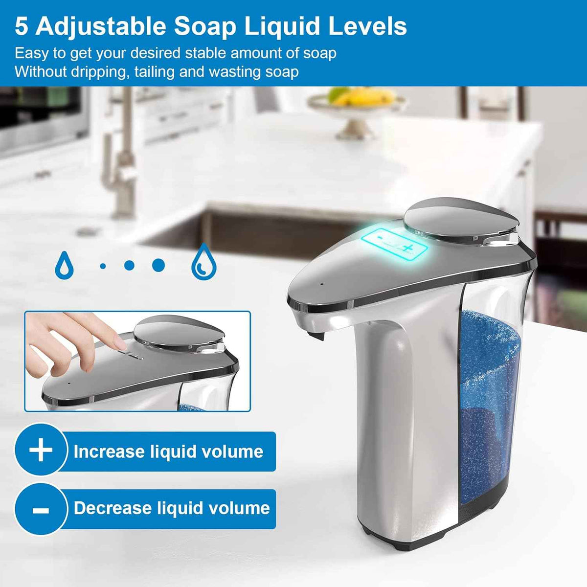 Touchless Automatic Soap Dispenser with Infrared Sensor and 5 Adjustable Soap Levels, 17oz/500ml Silver Finish