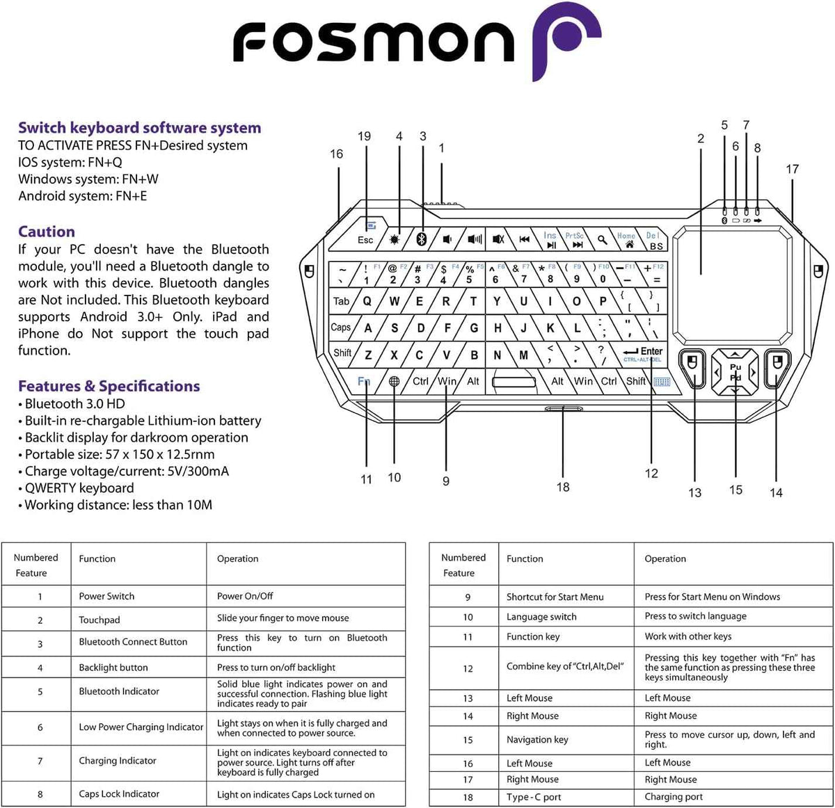 Fosmon Mini Bluetooth Keyboard (QWERTY Keypad), Wireless Portable with Touchpad, Compatible with Apple TV, Amazon Fire Stick, PS4, PS4 Pro, PS5, HTPC/IPTV, VR Glasses, Smartphones