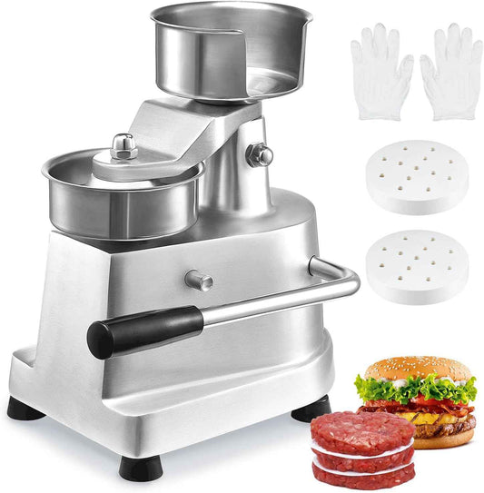VEVOR Commercial Burger Patty Maker, 100mm/4inch Hamburger Beef Patty Maker, Heavy Duty Food-Grade Stainless Steel Bowl Burger Press Machine, Kitchen Meat Forming Processor with 1000 Pcs Patty Papers