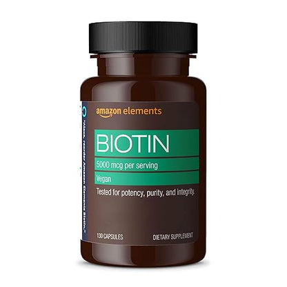 Amazon Elements Vegan Biotin 5000 mcg for Hair, Skin, and Nails, 130 Capsules, 4 Month Supply (Packaging may vary)