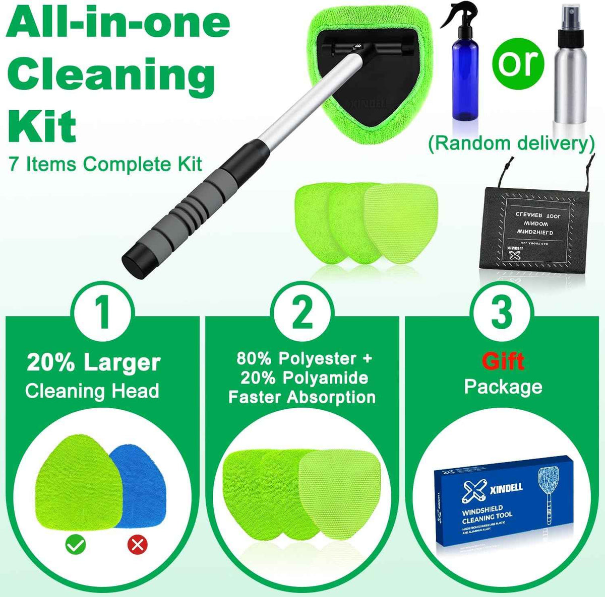 XINDELL Windshield Cleaner Tool – Car Interior Window Cleaning Kit with Extendable Handle & 4 Microfiber Pads, Auto Wiper Inside Windshield Brush for Car & Home Windows