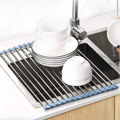 Over the Sink Dish Drying Rack - Foldable Dish Drainer - Stainless Steel - Gray