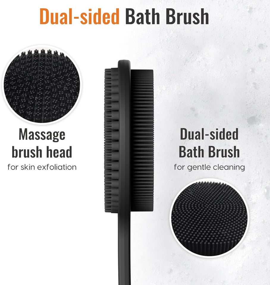 vwmYq silicone shower brush with double-sided head, 17in long handle, extra-soft bristles for exfoliating and massage