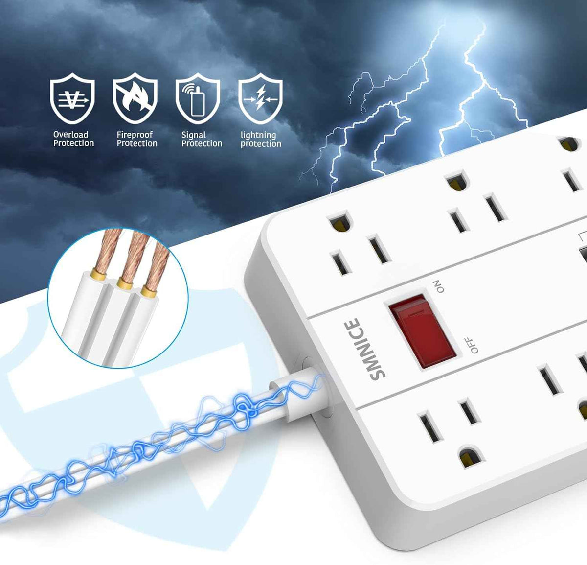 Power Strip with USB,Surge Protector Flat Plug with 8 Widely Spaced Outlets and 6 USB Ports(1 USB C), 5ft Extension Cord Wall Mountable Phone Tablet Laptop Computer Multiple Devices