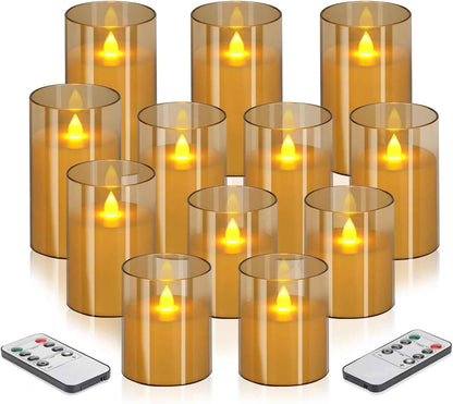 Flameless Candles 4" 5" 6" Set of 3 Acrylic Glass Pillars 3" Diameter Battery Operated Flickering Candles Include 10-Key Remote with Timer Function 400+ Hours (Gray, Warm Light 3 Pack)