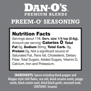 Dan-O's Preem-O Seasoning 2.5 oz, Meat Seasoning for Steak, Ribs, Chicken, Brisket, Sugar Free, Zero Calorie