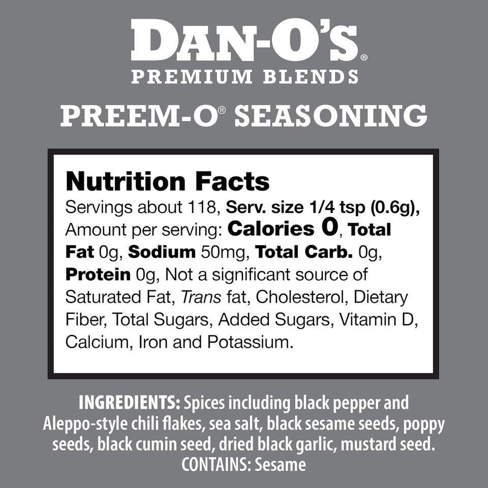 Dan-O's Preem-O Seasoning 2.5 oz, Meat Seasoning for Steak, Ribs, Chicken, Brisket, Sugar Free, Zero Calorie