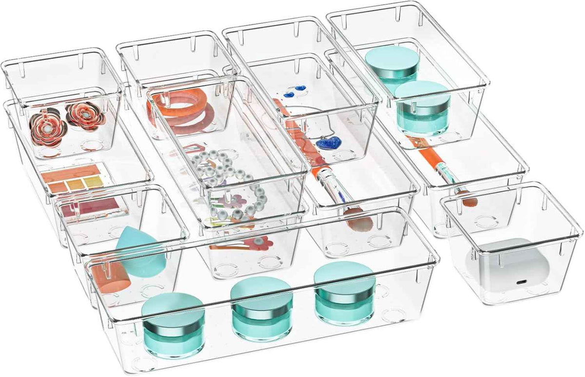 WOWBOX 6 Pack Clear Drawer Organizer Set, Acrylic Drawer Storage Trays, Storage Bins for Makeup, Cosmetics, Jewelries, Utensils, Gadgets, Office