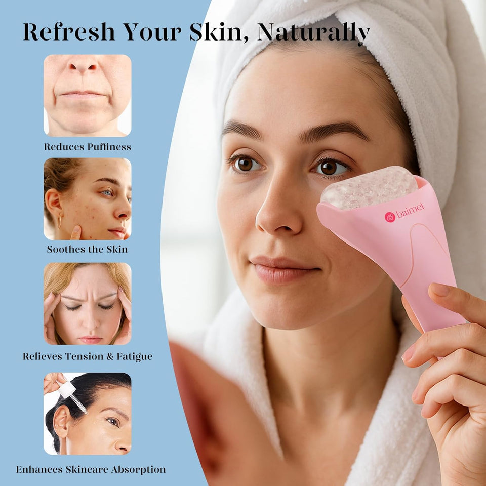 baimei icyme ice roller face gua sha tool set pink reduces puffiness migraines skin care