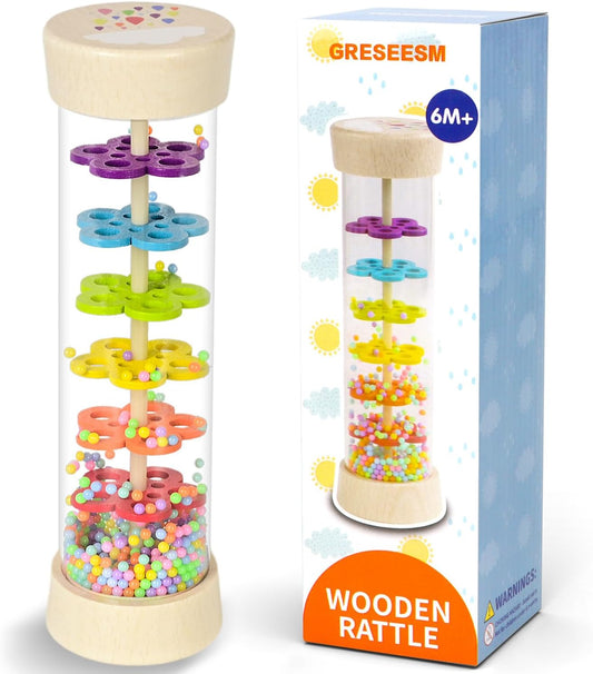 Rain Stick, Montessori Baby Toys for 6-12 Months 1 Year Old, Baby Rattle Wooden Sensory Toys, 7.7” Rainmaker Infant Musical Toy - Gifts for 6 7 8 9 12 Month Old Newborn Boys Girls Toddlers