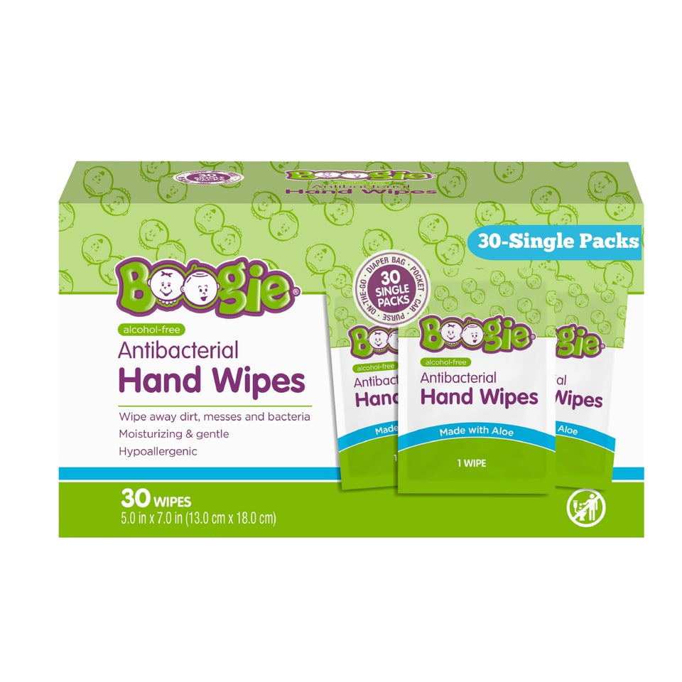 Boogie Antibacterial Hand Wipes, 100 Total Wipes, 5 Packs of 20, Alcohol Free, Hypoallergenic, Moisturizing Aloe for Kids and Adults
