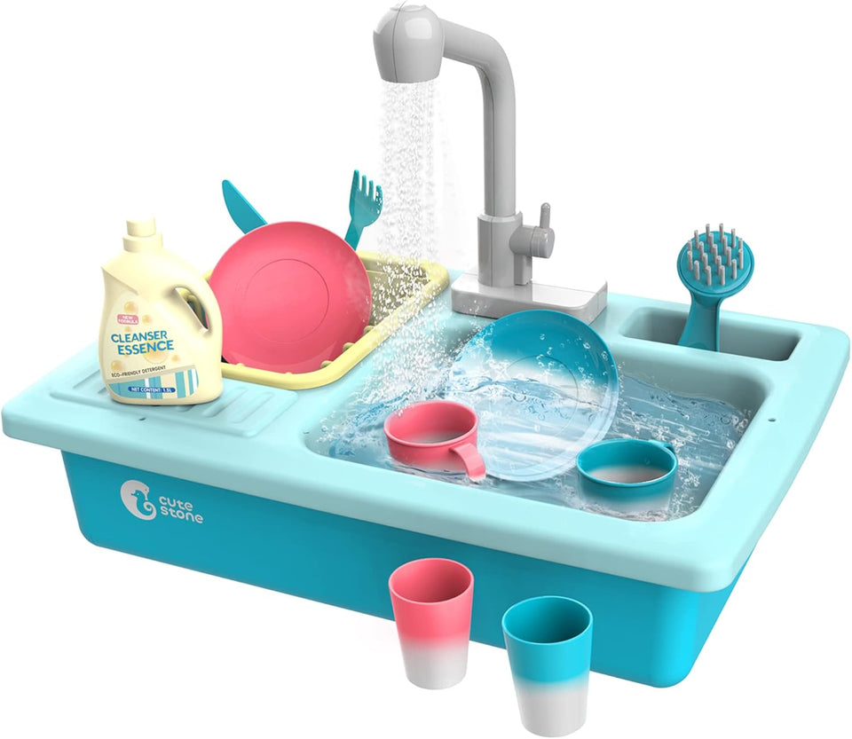 Cute Stone Color Changing Kitchen Sink Toy for Kids, Electric Dishwasher Play Set with Running Water and Faucet