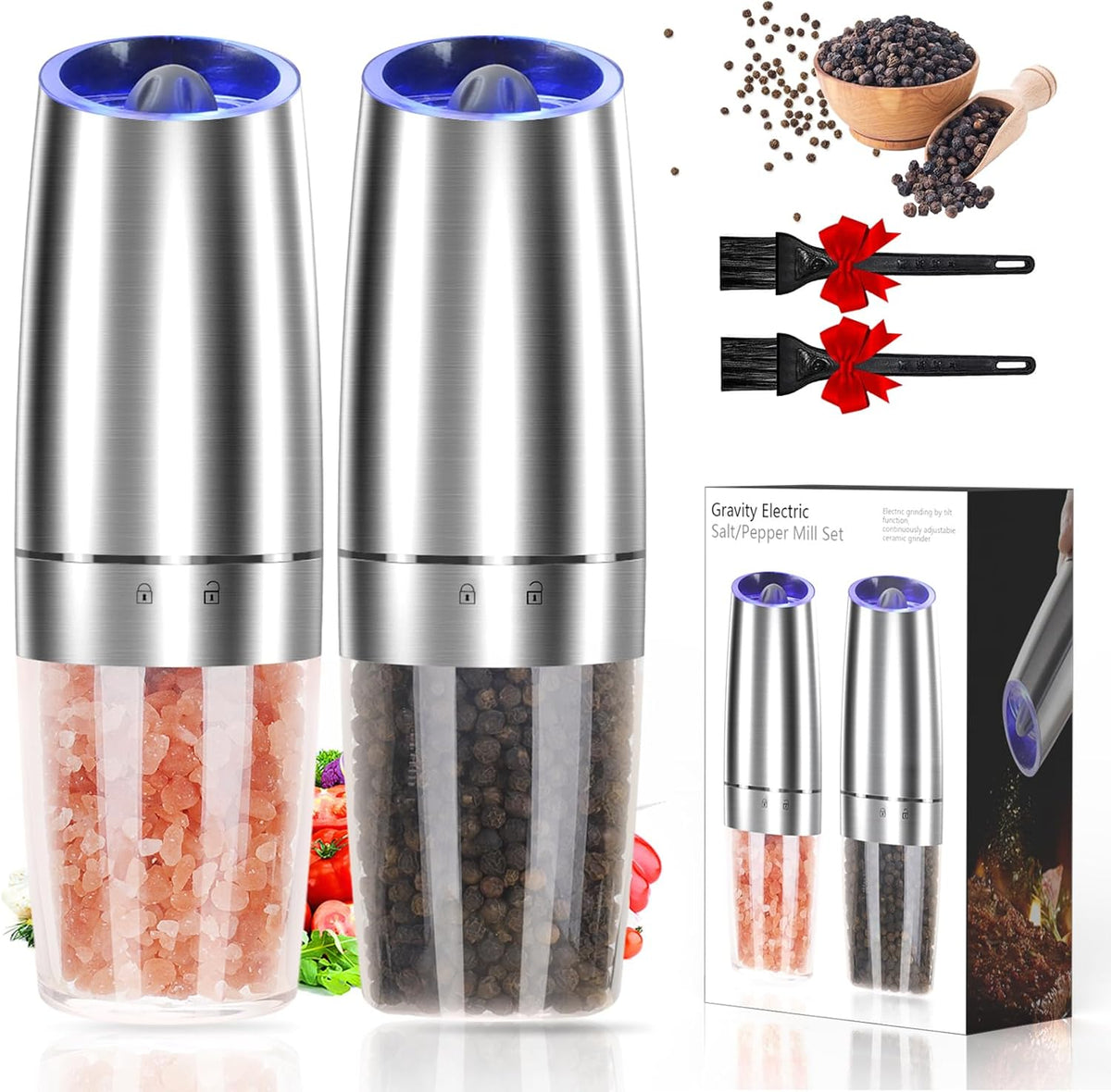 Gravity Electric Salt and Pepper Grinder Set, Adjustable Coarseness, Automatic Shakers Mill Grinder with LED Light, Upgraded Larger Capacity, One Hand Operated (Sliver 2 Pack)