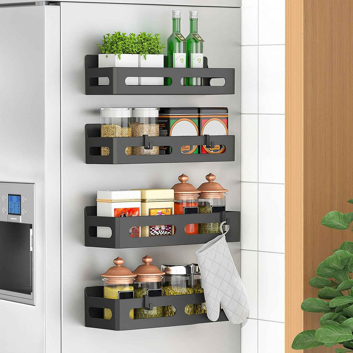 4 Pack Magnetic Spice Rack for Refrigerator, Spice Rack Organizer, Moveable Magnetic Shelf Fridge Organizer with 4 Hooks for Kitchen and Oven Organization, Black