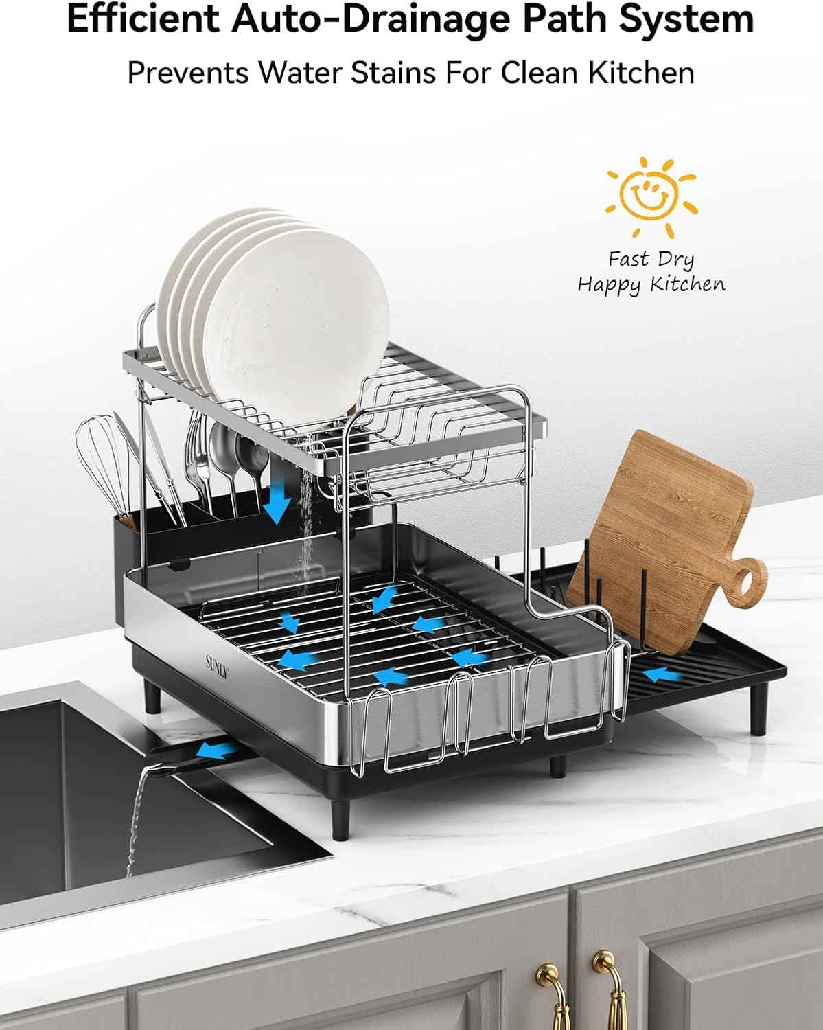 SUNLY 2 Tier Dish Drying Rack, Extra Large Dish Rack, Expandable Dish Racks for Kitchen Counter, Multifunctional Large Dish Drainers for Kitchen Counter, Black