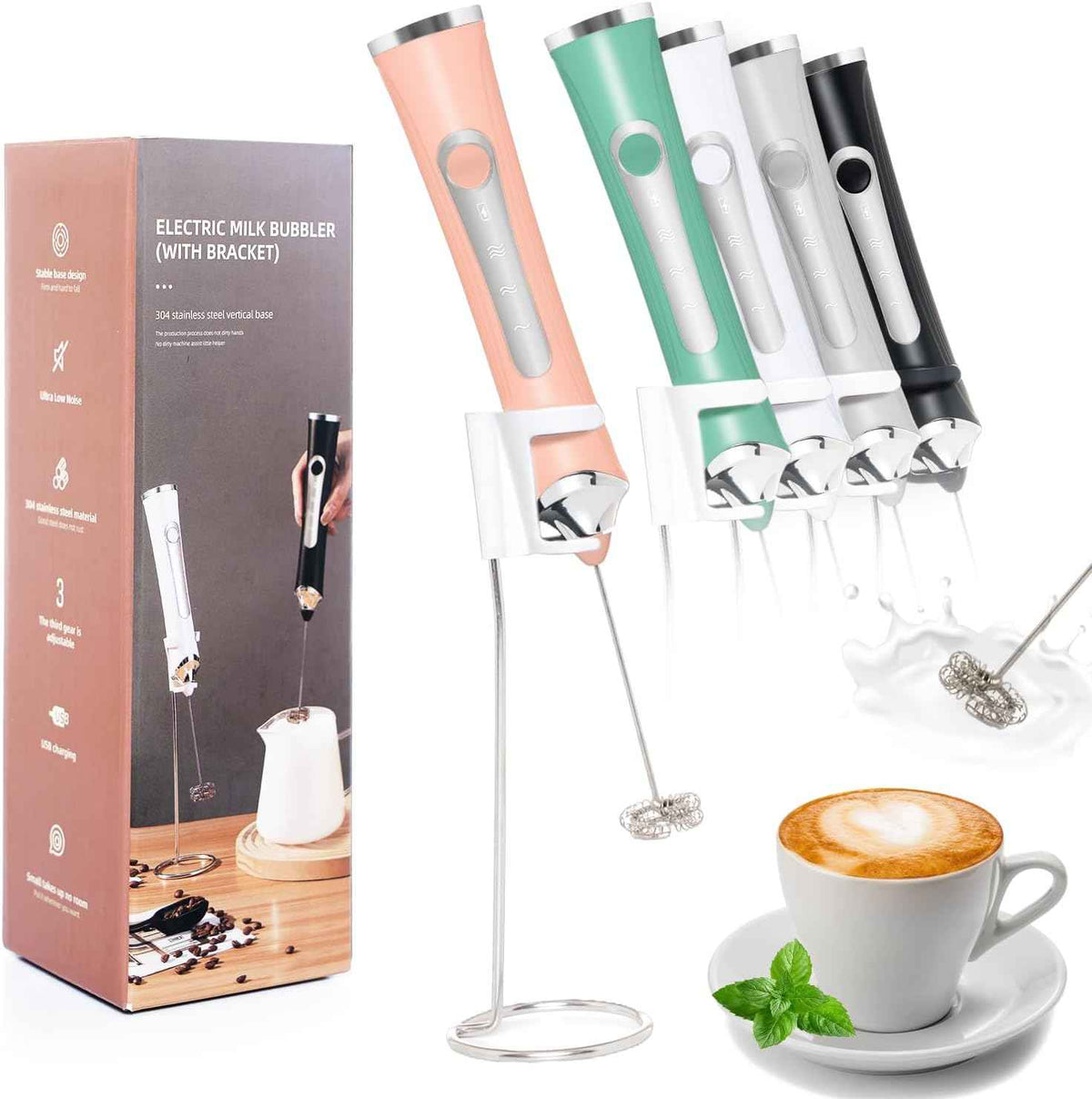 Rechargeable Milk Frother Handheld For Coffee,3 Speeds Frother Wand With Stand, Batidora De Mano Electrica,Coffee Frother With 2 Heads,Drink Mixer Electric Handheld,Kitchen Essentials(Black)