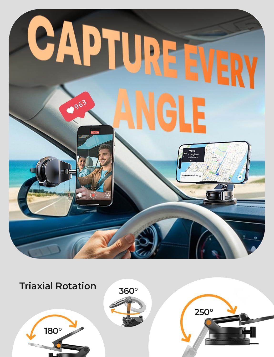 LISEN Vacuum Magnetic Phone Holder for Car, Magsafe Car Mount 360 Adjustable Vacuum Suction Cup, Phone Mount for Car Accessories/Windshield/Mirror/Kitchen/Gym for iPhone 17 Pro Max 16 15 14 13