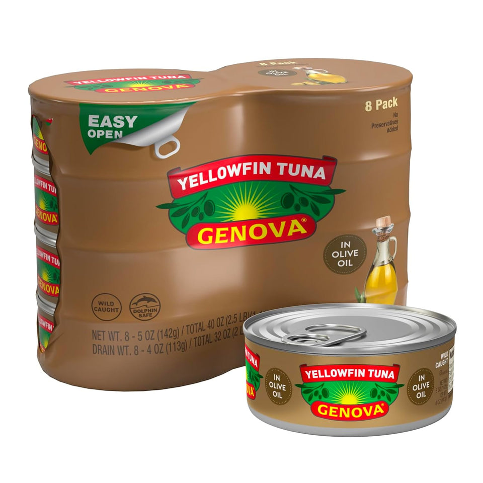 Genova premium yellowfin tuna in olive oil, 5 oz cans, 8-pack, nutrient rich, high protein, keto, paleo, mediterranean diet