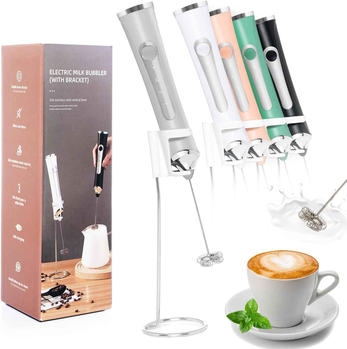 Rechargeable Milk Frother Handheld For Coffee,3 Speeds Frother Wand With Stand, Batidora De Mano Electrica,Coffee Frother With 2 Heads,Drink Mixer Electric Handheld,Kitchen Essentials(Black)