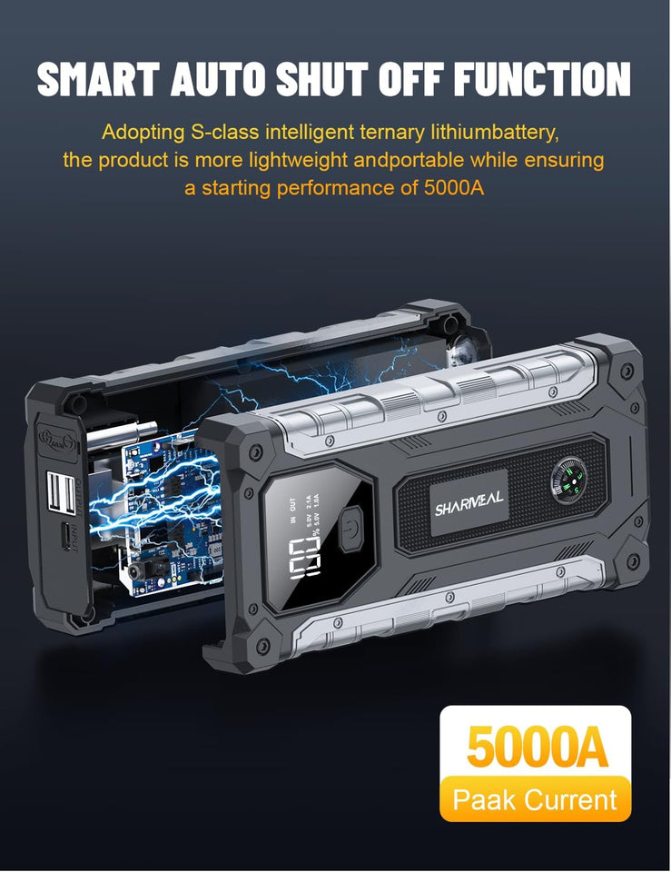 sharmeal 3000a portable jump starter for 9.0l gas and 7.0l diesel vehicles with led light