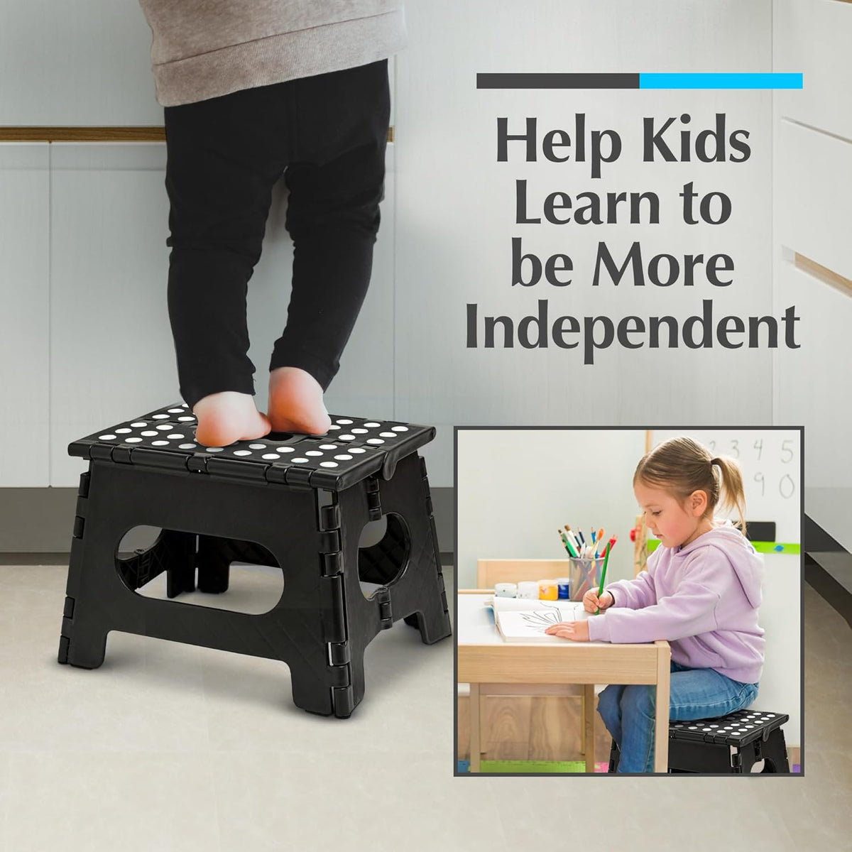 Handy Laundry Folding Step Stool - Sturdy Enough Collapsible Stool to Support Adults and Safe Enough for Kids - Opens Easy with One Flip - Great for Kitchen, Bathroom or Bedroom (Black - 9 Inch)