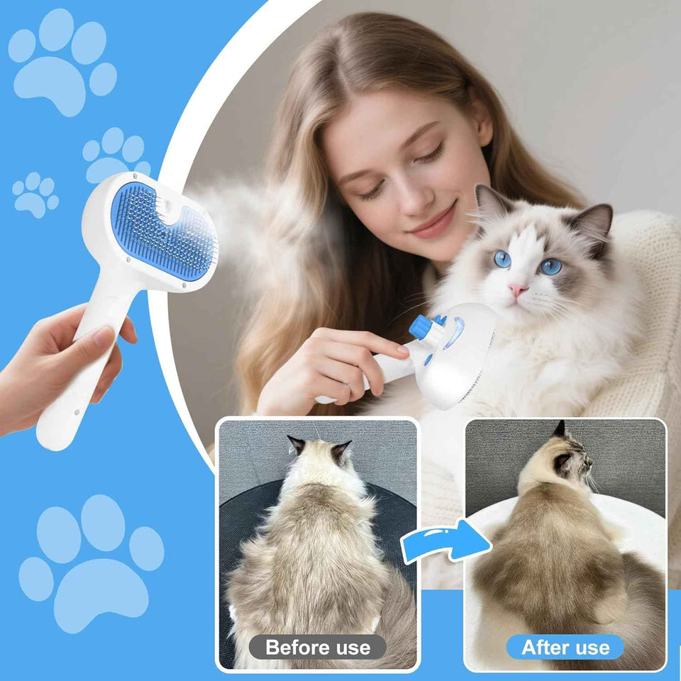 Pet Steam Brush for Dog & Cat - 3-in-1 Steam Grooming Brush for Shedding & Hair Removal - Self Cleaning Spray Comb with Mist for Long Haired Pets - Includes 1*Waterless Shampoo, Blue.