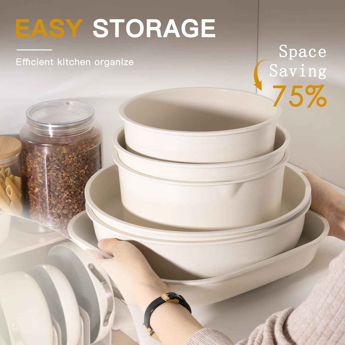 Astercook 23 Pcs Pots and Pans Non Stick Ceramic Cookware Set Detachable Handle, RV Stackable Kitchen Cooking Set Removable Handles, Oven Safe, Induction Ready, Cream White