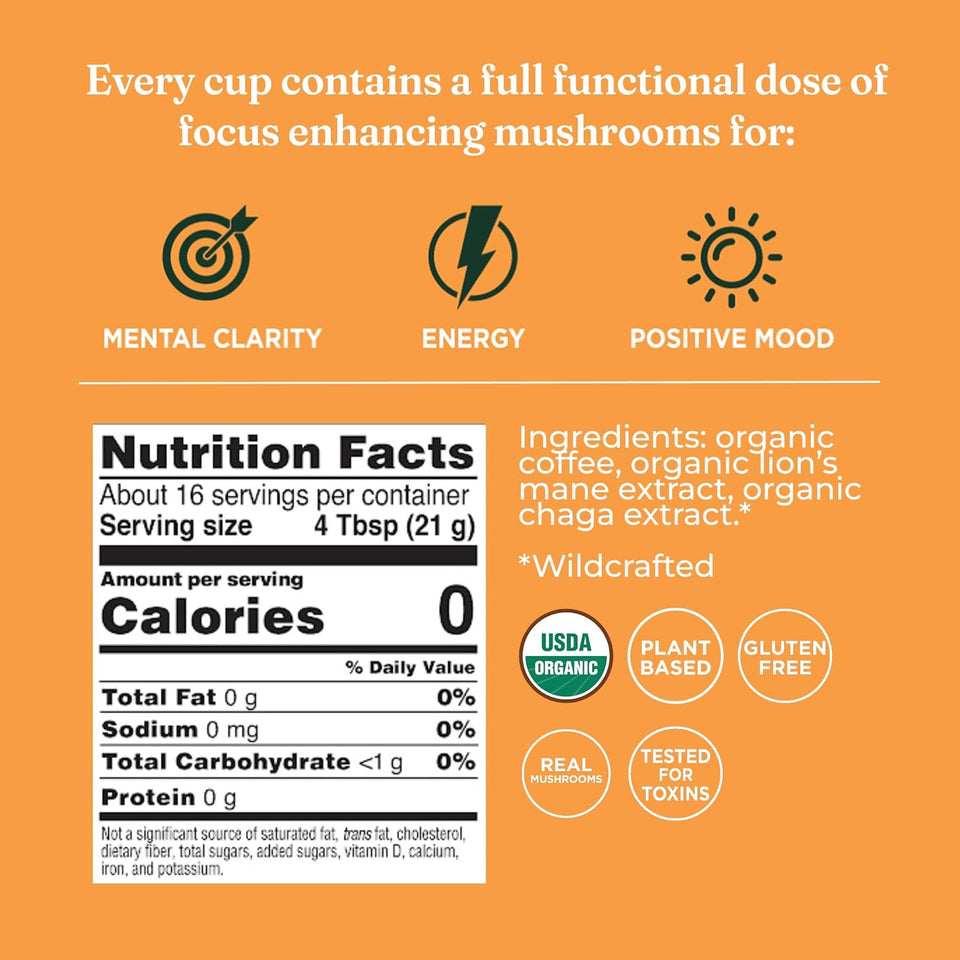 Four Sigmatic organic ground coffee with lion's mane mushroom and chaga for better focus and immune support, 12oz bag
