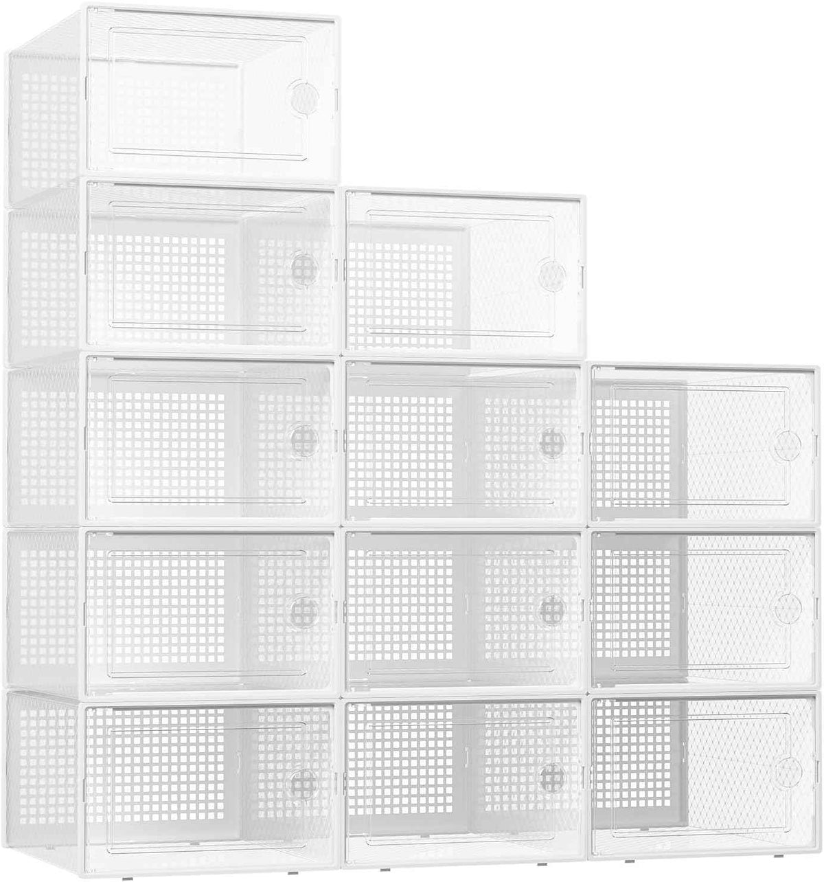 Kuject X-Large Shoe Storage Boxes Organizers Clear Plastic Stackable 12 Pack, Shoe Rack & Holder Substitute, Sneaker Containers, Toy Storage Organizer Bins for Entryway, Closet, Under Bed, Black