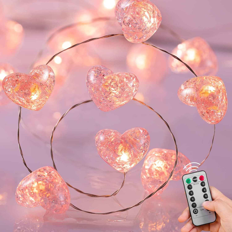 Valentine’s Day Fairy String Lights - 10.5 ft 30 LED Pink Heart Battery Operated Fairy Lights with Timer and Remote, Twinkle Heart Lights for Wedding DIY Indoor Christmas Gift Valentine's Day