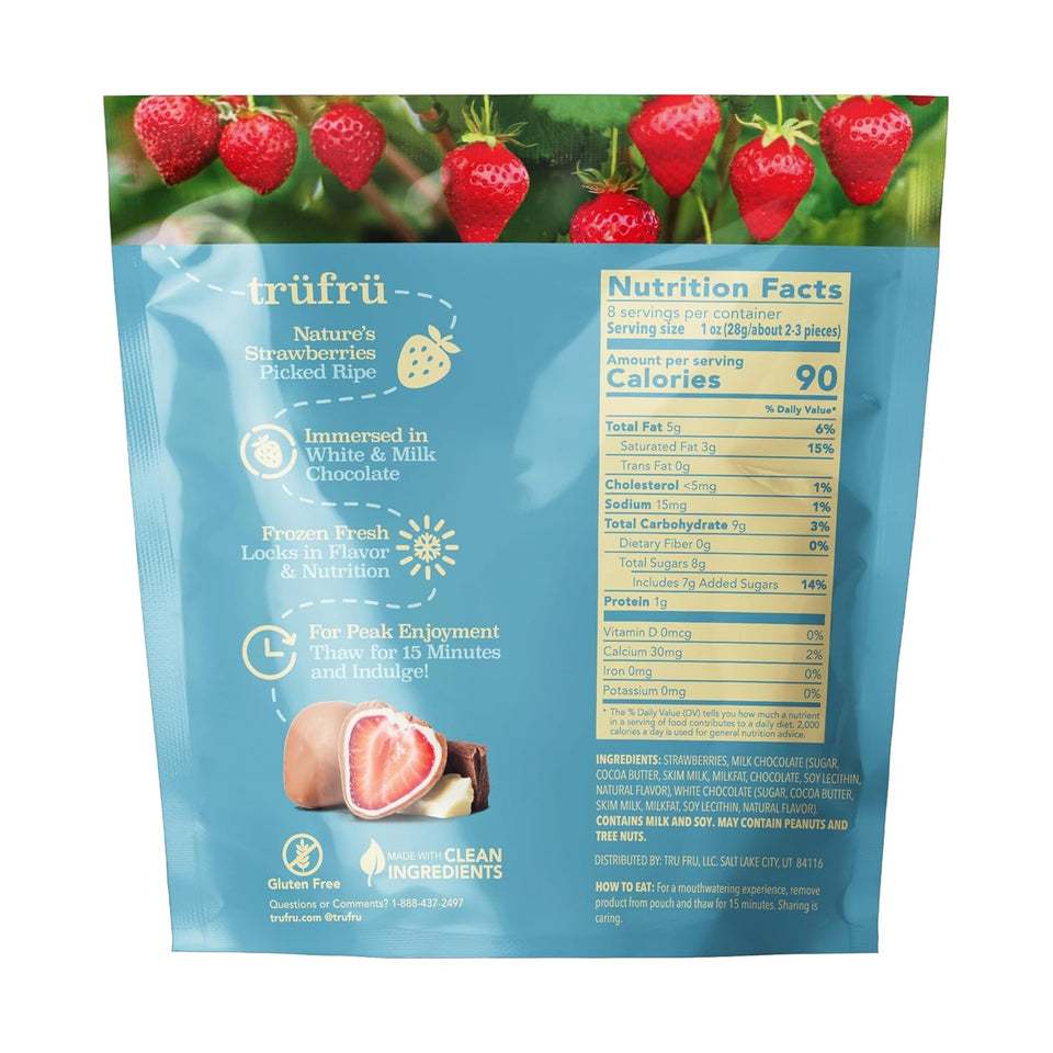trufru natures strawberries hyper-chilled white milk chocolate 8 ounce bag
