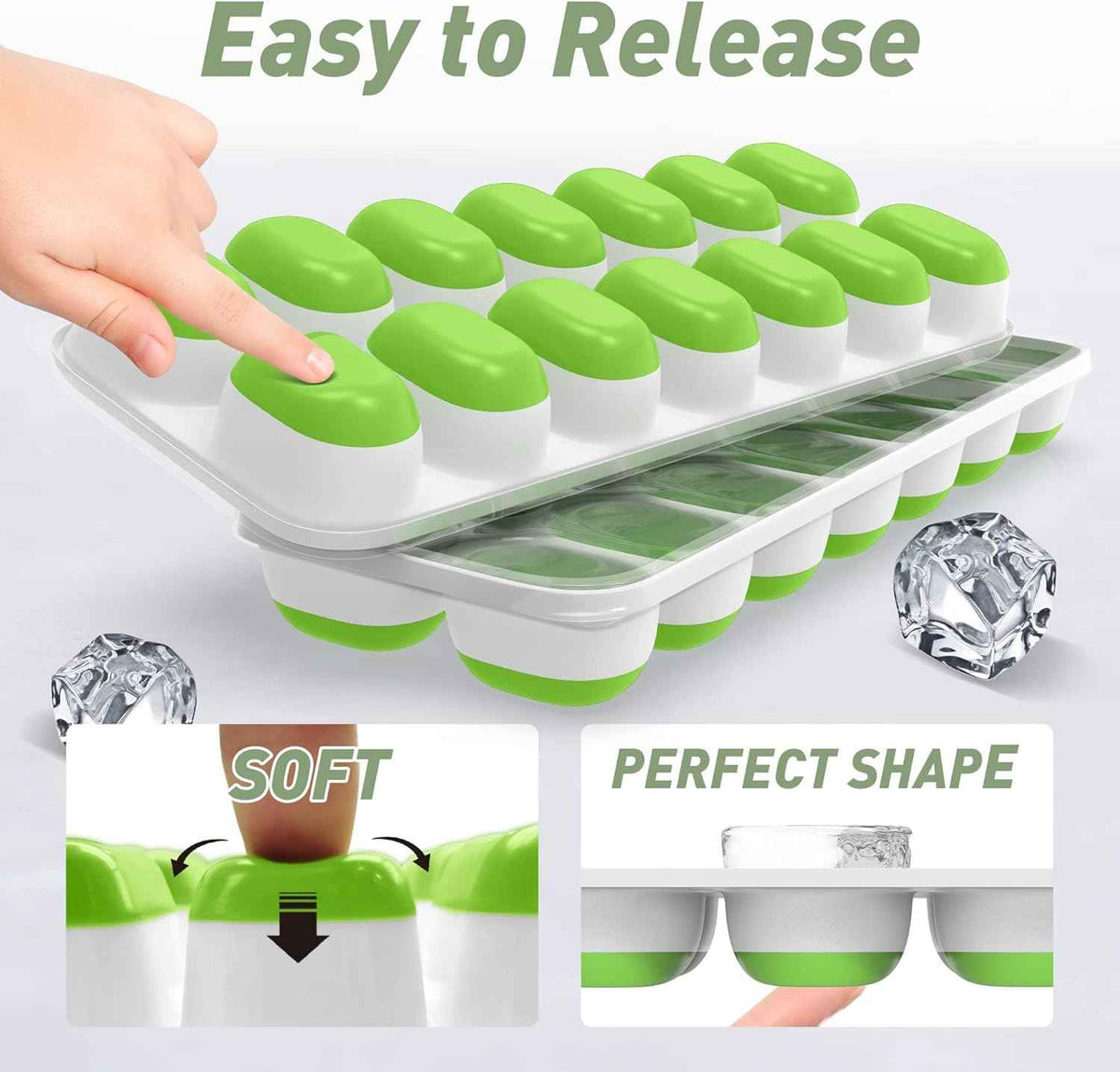 Ice Cube Tray with Lid, 4 Packs 56 Cubes Durable Stackable Ice Cube Trays for Freezer with Removable Lids, Easy-Release Plastic & Silicone Ice Tray for Cocktail, Coffee