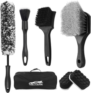 7-piece car wheel brush kit with metal-free design, soft-bristled rim cleaner, and tire shine applicator pad for gentle cleaning and detailing