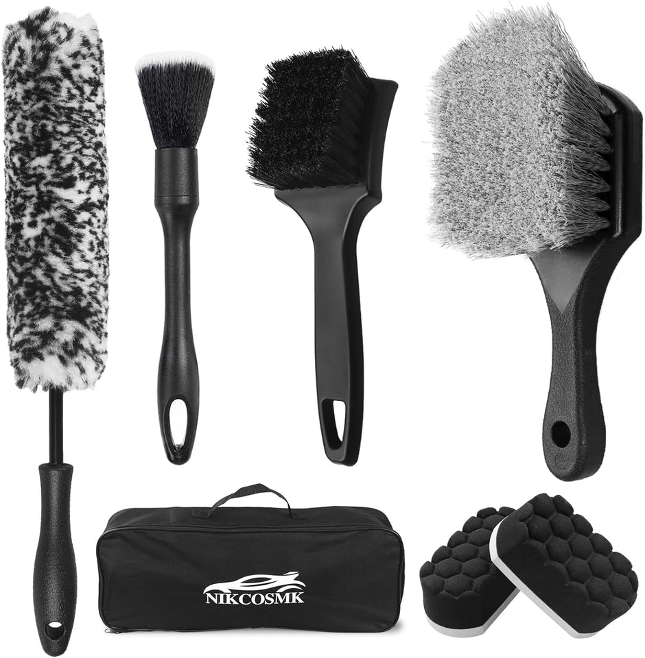 7-piece car wheel brush kit with metal-free design, soft-bristled rim cleaner, and tire shine applicator pad for gentle cleaning and detailing