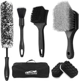 7-piece car wheel brush kit with metal-free design, soft-bristled rim cleaner, and tire shine applicator pad for gentle cleaning and detailing