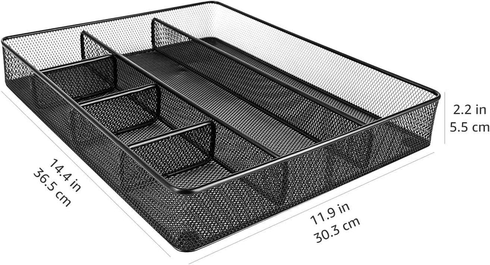 Desk Drawer Organizer - Metal Mesh, Anti-Slip, 6 Compartments, Black, Adjustable and Stackable