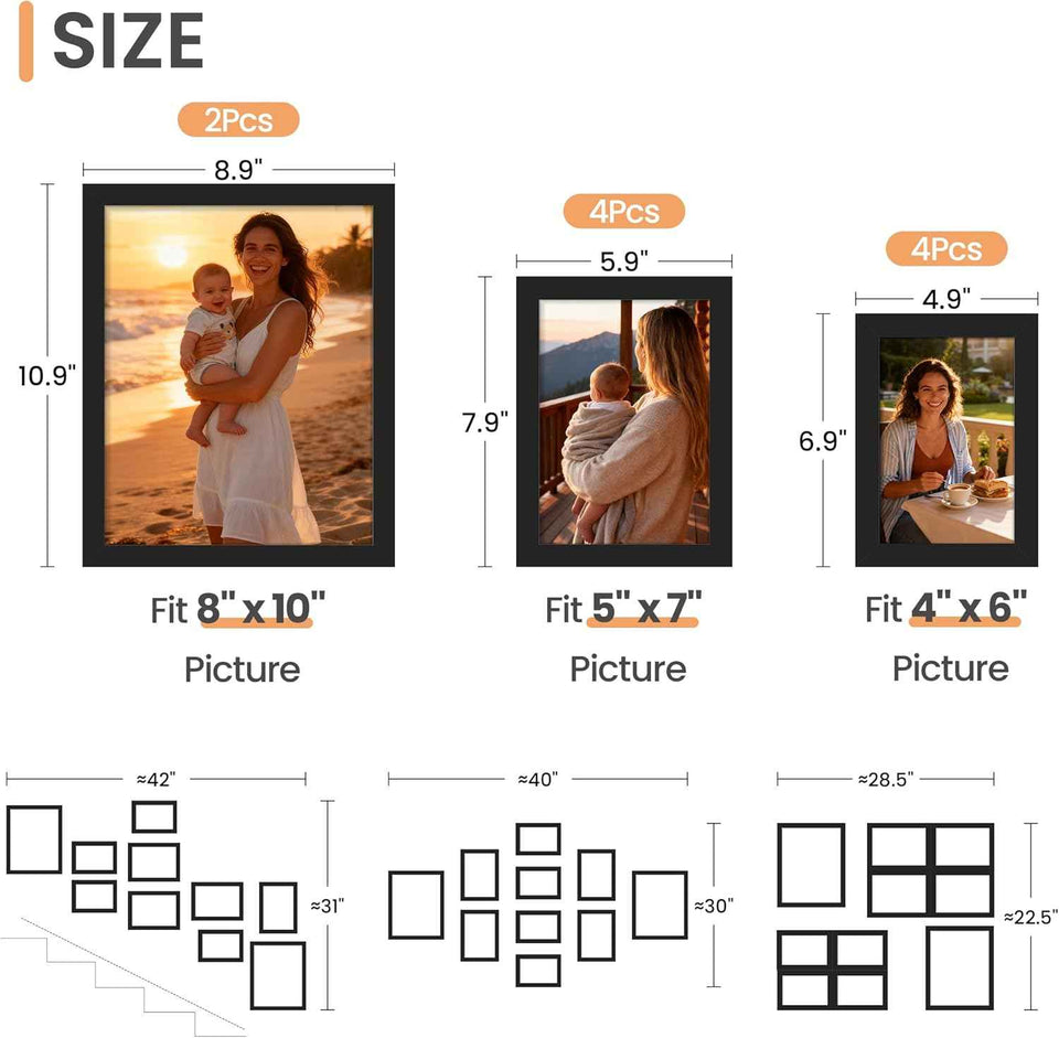 upsimples 10 Pack Picture Frames Collage Wall Decor for Mounting or Tabletop Display, Photo Gallery Frame Set for Family, Multi Sizes Including 8x10, 5x7, 4x6, Black