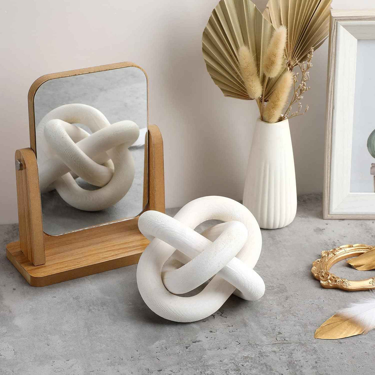 3 Link Wood Knot Decor - Hand Carved Coffee Table Decoration, Boho Chain Link Decor, Modern Shelf, Rustic Objects for Home Living Room Bedroom(White)