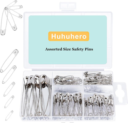 Huhuhero 160Pcs Safety Pins, Large & Small Safety Pins for Clothes Sewing Craft, Nickel Plated Steel Assorted Size Pins Bulk, Art and Craft Supplies (Sliver)