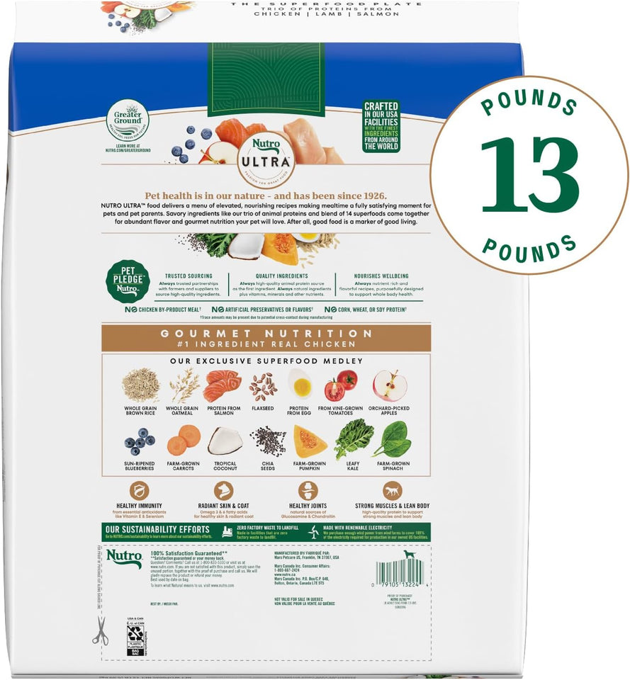 Nutro Ultra Adult Large Breed Dry Dog Food, high-protein chicken, lamb, and salmon protein trio, 13 lb non-GMO bag