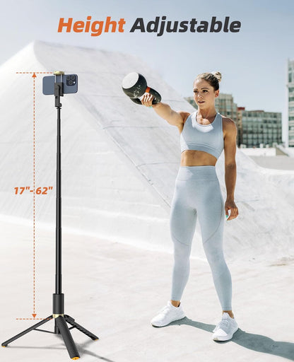 Phone Tripod & Selfie Stick with Remote, Portable, Lightweight for Video Recording Vlog, Extendable Travel Tripod Stand Compatible with iPhone Android, Black, 62"