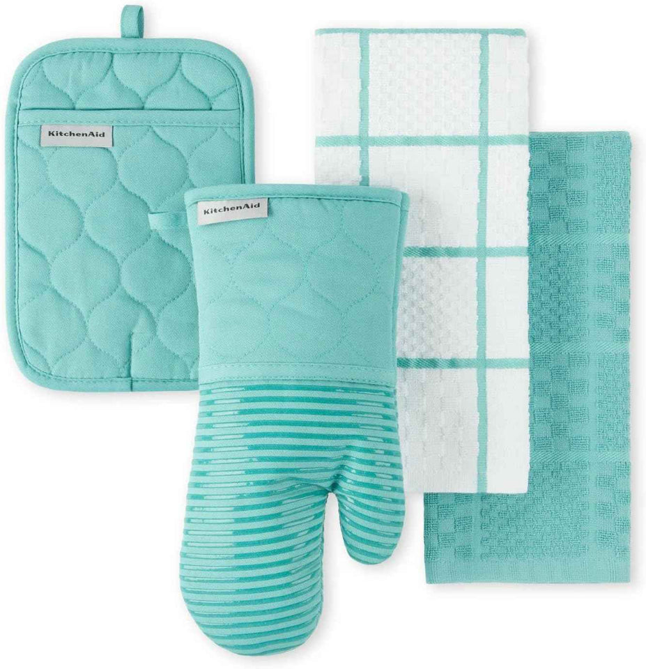 KITCHENAID Quilted Cotton Terry Cloth Oven Mitt, Pot Holder, Kitchen Towel 4-Pack Set, Heat Resistant, Silicone Grip, 16"x26", 7"x13" & 7"x10", Milkshake