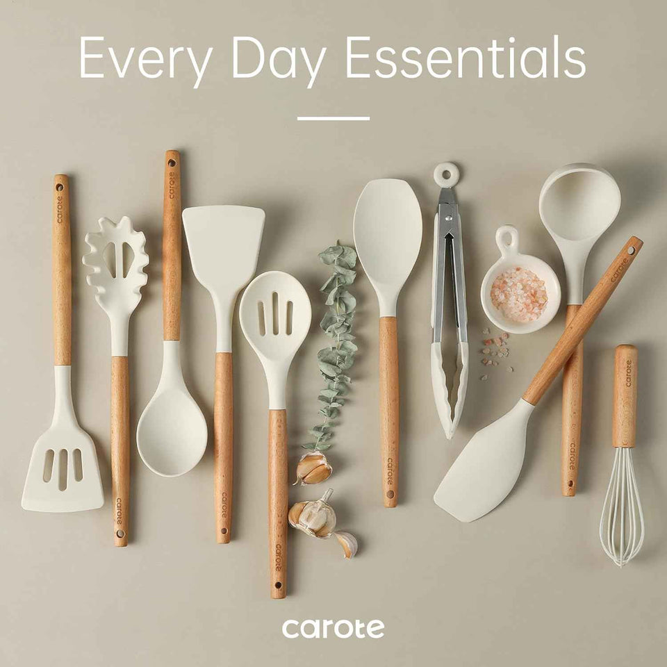 CAROTE Silicone Cooking Utensils Set, Kitchen Utensils Set 10 Pcs for cooking, BPA Free Spatula Set with Heat Resistant Wood Handles for Nonstick Cookware (Cream White)