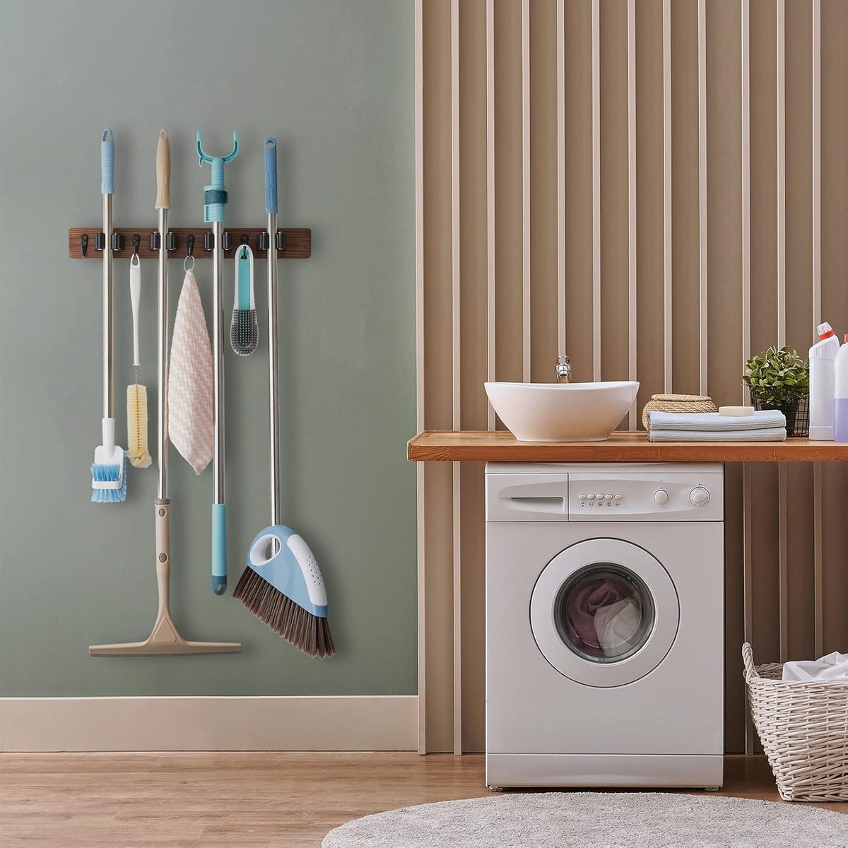 Mop and Broom Holder Wall Mount - Rustic Wood Broom Mop Hanger - Wall Mounted Garden Tool Rack Organizer for Closet Garage Laundry Room Kitchen Decor With 4 Slots & 4 Hooks - Rayz Mart