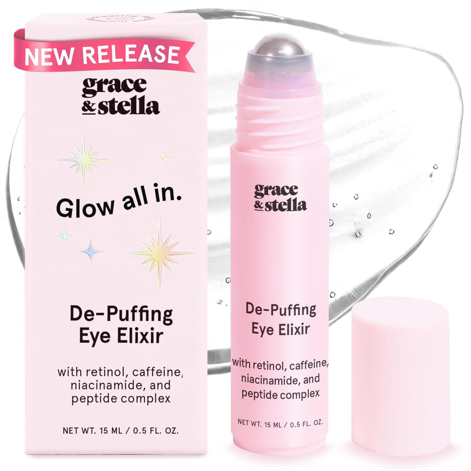 grace & stella Under Eye Brightener Roller - Travel Size Toiletries - Retinol Caffeine Eye Serum for Dark Circles Wrinkles 15ml