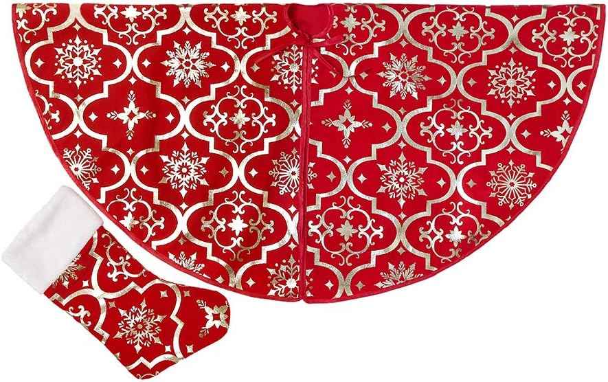 Flash World 48 Inch Large Christmas Tree Skirt Xmas Soft Cover Mat Decor Snowflake Collar Farmhouse Tree Skirt for Holiday Ornaments Party Home Indoor Decorations (Red, 48INCH)